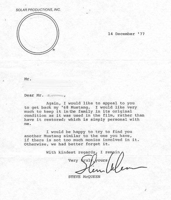 Steve McQueen's Sale Letter